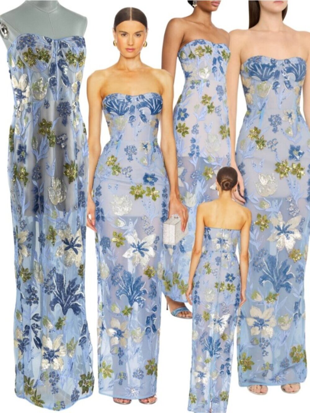 🆕 BRONX & BANCO 🧿 NWOT Dahlia Floral Gown, Baby Blue Multi Maxi - Sz L US 8